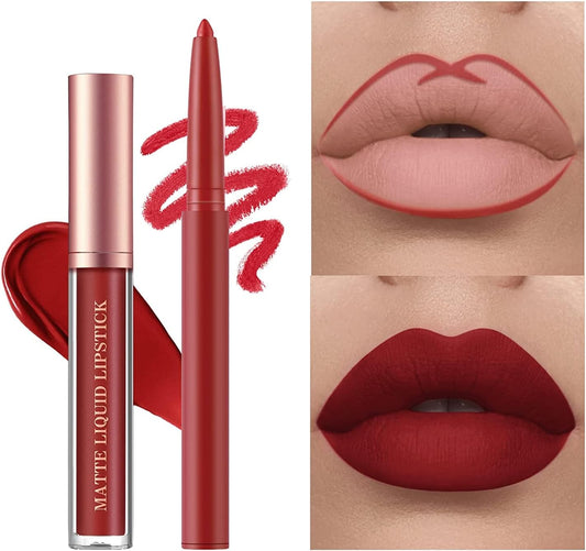 6Pcs Matte Liquid Lipstick Lip Liner Set,  Velvety Nude Lipgloss Waterproof.