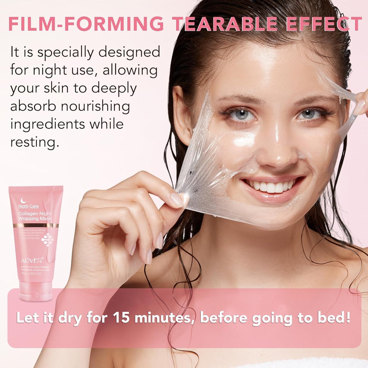 Collagen Night Wrapping Mask, Collagen Face Mask Overnight Peel-Off 75ml / 2.53 fl. Oz (Brush Included).