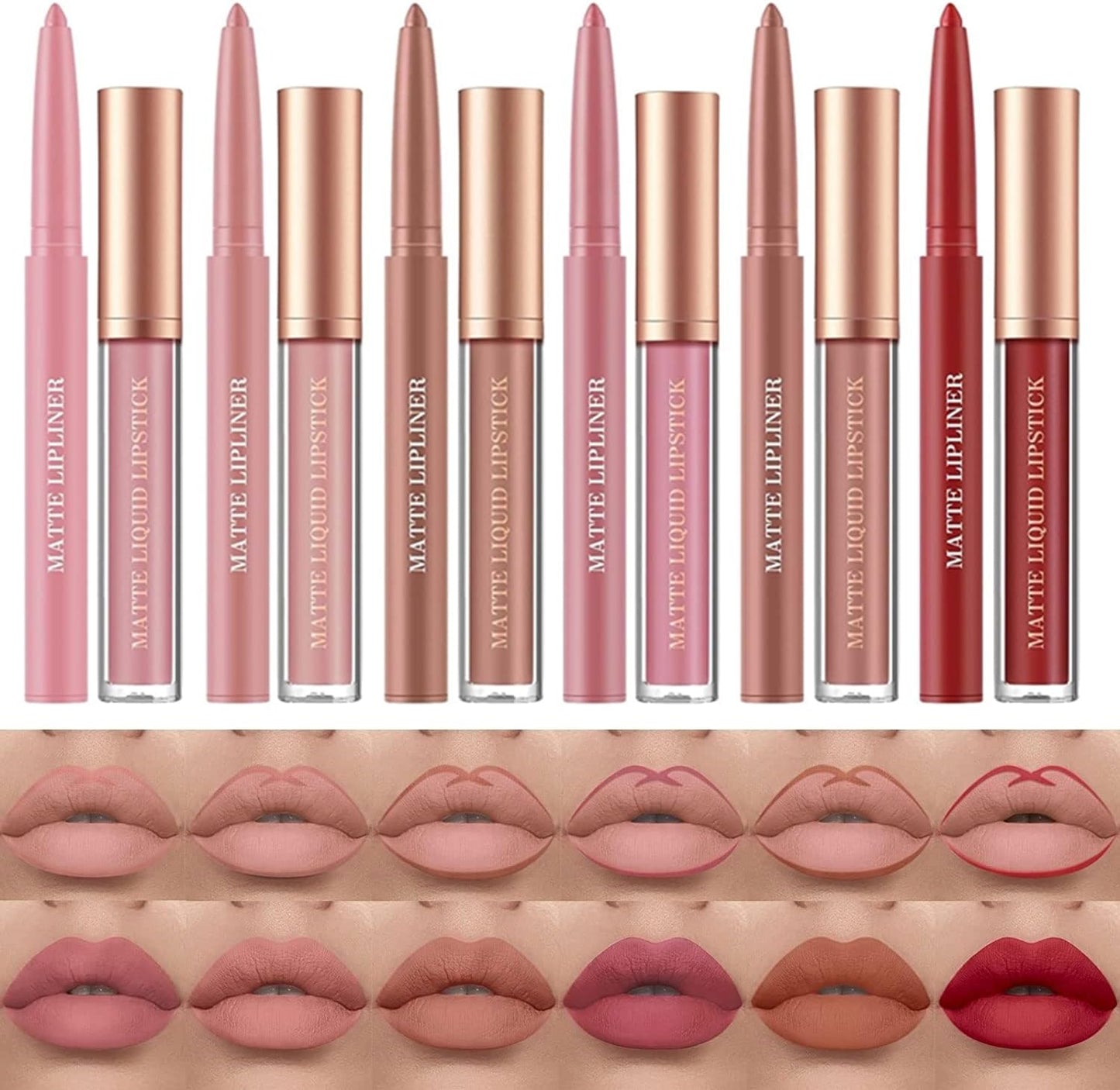 12 Pcs Liquid Lipstick Lipliner Set Nude Lipliner Matte Lipstick.
