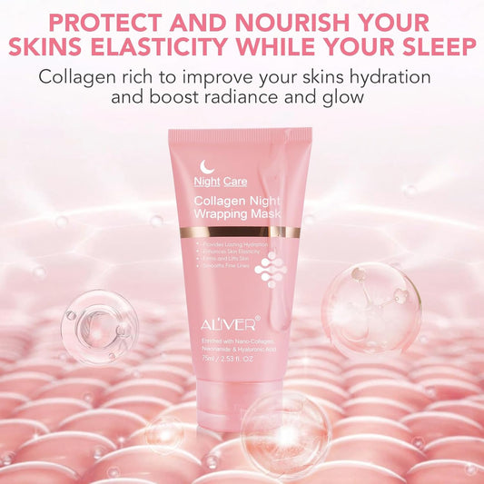 Collagen Night Wrapping Mask, Collagen Face Mask Overnight Peel-Off 75ml / 2.53 fl. Oz (Brush Included).