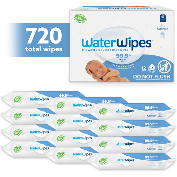 WaterWipes Original Baby Wipes, 720 Count (12 Packs), 99.9% Water, 3-In-1 Cleans, Cares, Protects, Unscented, Packaging May Vary