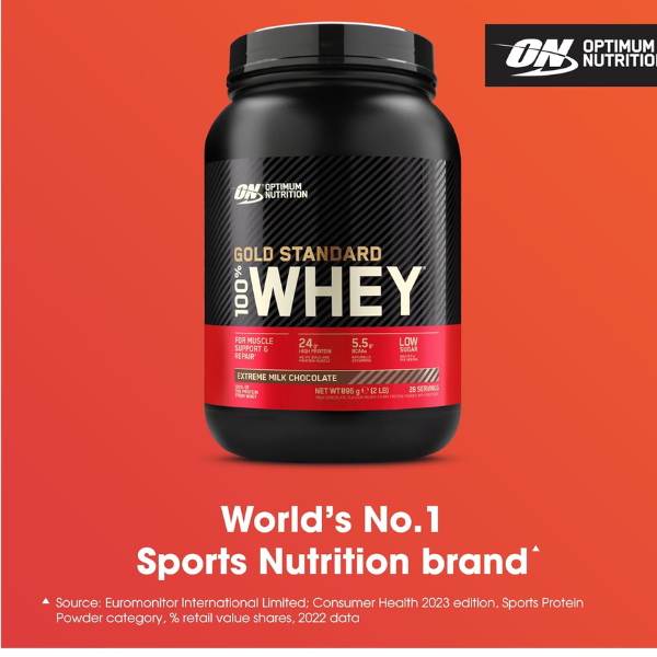 Optimum Nutrition Gold Standard 100% Whey Muscle Building and Recovery Protein Powder With Naturally Occurring Glutamine and BCAA Amino Acids, Extreme Milk Chocolate Flavour, 28 Servings, 896 g