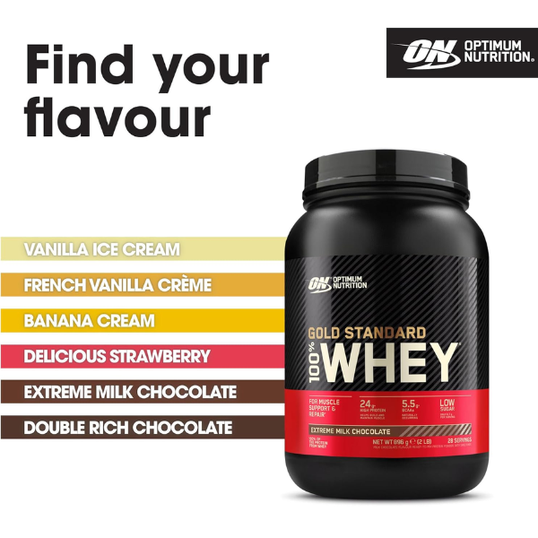 Optimum Nutrition Gold Standard 100% Whey Muscle Building and Recovery Protein Powder With Naturally Occurring Glutamine and BCAA Amino Acids, Extreme Milk Chocolate Flavour, 28 Servings, 896 g