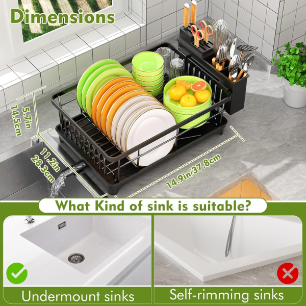 Dish Drainer Rack - Space Saving Dish Rack for Kitchen Counter, Kitchen Dish Drainer with Utensil Holder, Drain Board, Black