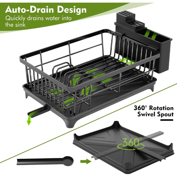Dish Drainer Rack - Space Saving Dish Rack for Kitchen Counter, Kitchen Dish Drainer with Utensil Holder, Drain Board, Black