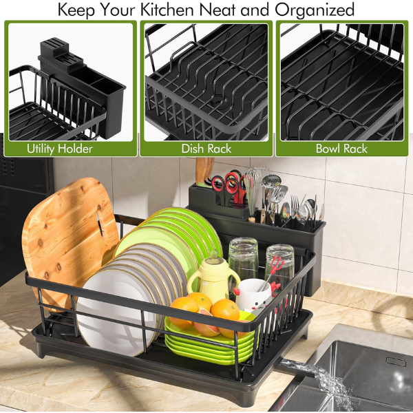 Dish Drainer Rack - Space Saving Dish Rack for Kitchen Counter, Kitchen Dish Drainer with Utensil Holder, Drain Board, Black