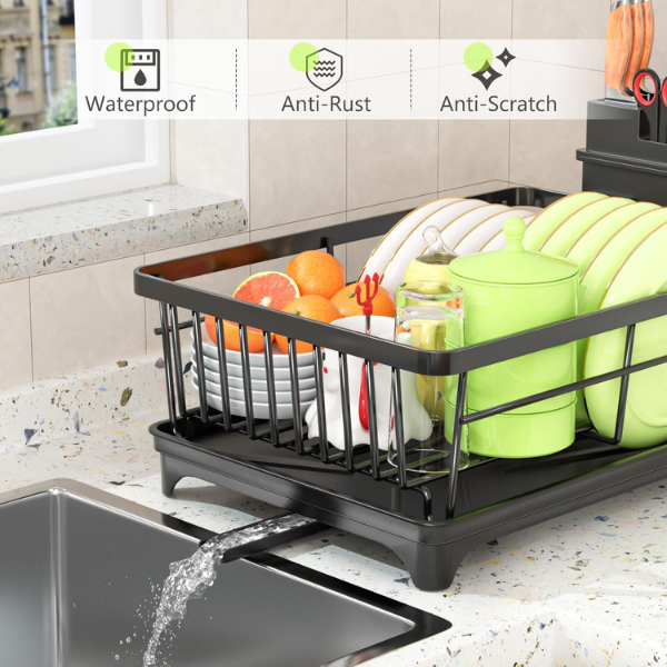 Dish Drainer Rack - Space Saving Dish Rack for Kitchen Counter, Kitchen Dish Drainer with Utensil Holder, Drain Board, Black