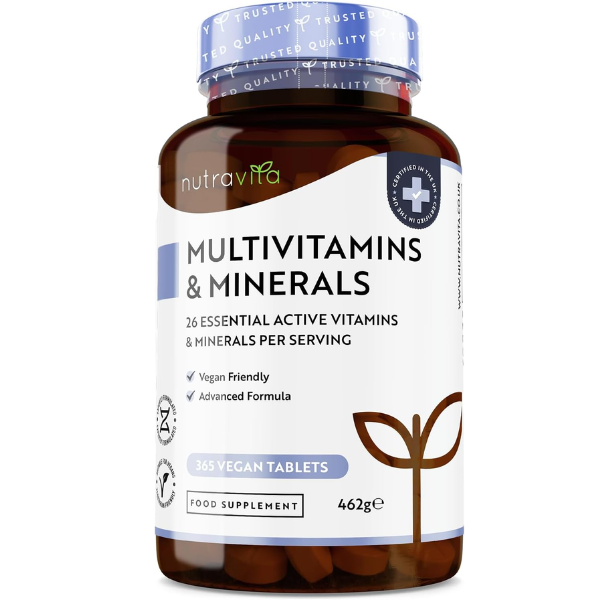 Multivitamins & Minerals - 365 Vegan Multivitamin Tablets - 1 Year Supply - Multivitamin Tablets for Men and Women with 26 Essential Active Vitamins & Minerals - Made in The UK by Nutravita