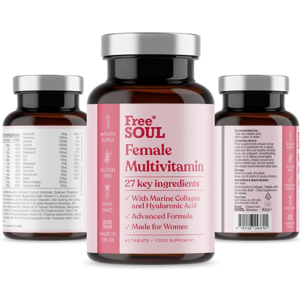 Women's Multivitamins & Minerals with Marine Collagen & Hyaluronic Acid | 27 Essential Vitamins, Minerals, & Botanicals | Gluten-Free & No Synthetic Fillers or Binders | 60 Tablets | Free Soul
