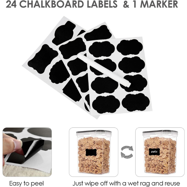 Set of 24 Airtight Food Storage Containers & Kitchen Storage Containers, BPA-Free Plastic Containers for Flour, Sugar and Baking Supplies, with 24 Labels (Black)