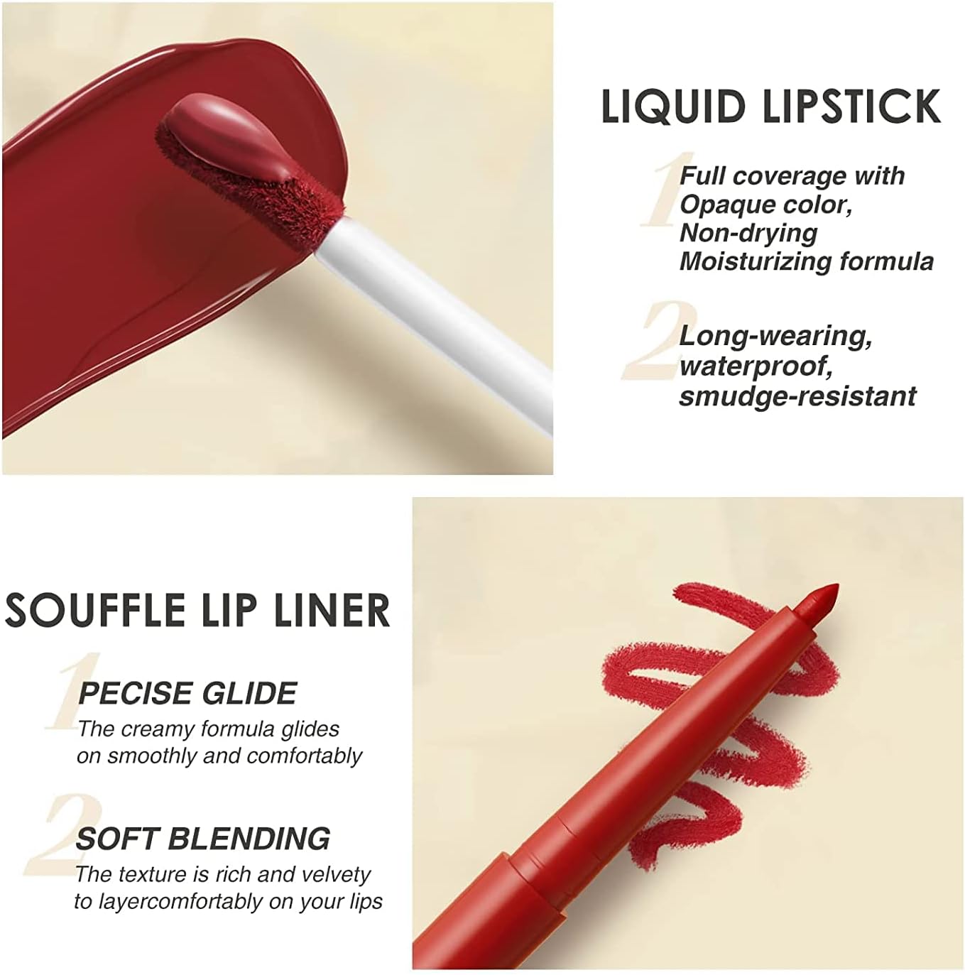 6Pcs Matte Liquid Lipstick Lip Liner Set,  Velvety Nude Lipgloss Waterproof.