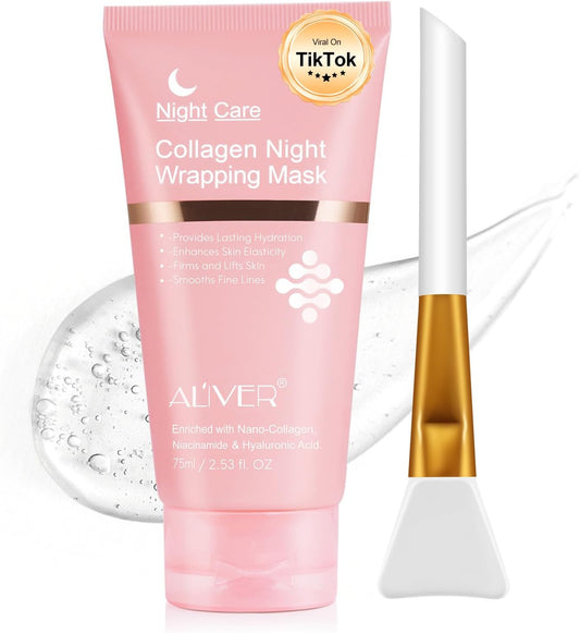 Collagen Night Wrapping Mask, Collagen Face Mask Overnight Peel-Off 75ml / 2.53 fl. Oz (Brush Included).