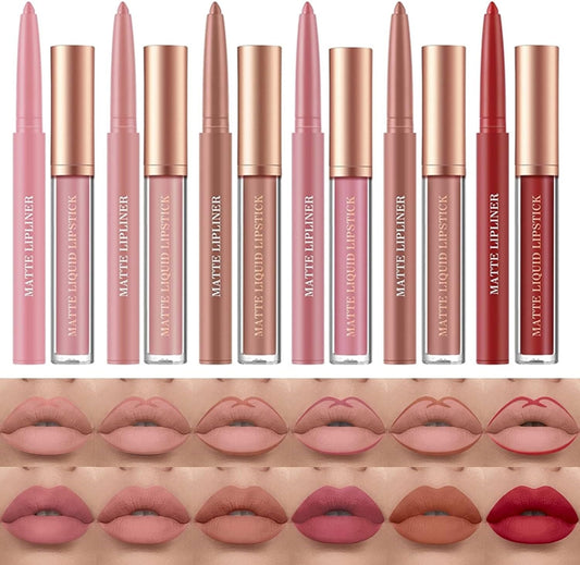 12 Pcs Liquid Lipstick Lipliner Set Nude Lipliner Matte Lipstick.