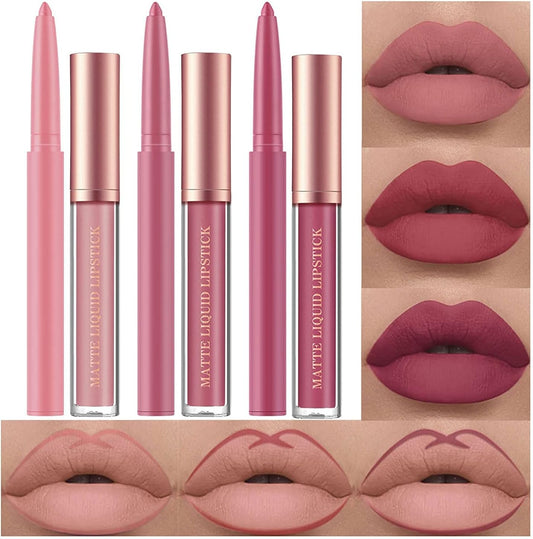 6Pcs Matte Liquid Lipstick Lip Liner Set,  Velvety Nude Lipgloss Waterproof.