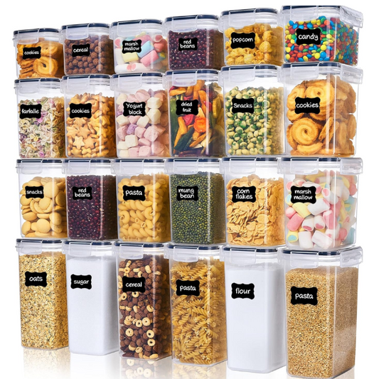 Set of 24 Airtight Food Storage Containers & Kitchen Storage Containers, BPA-Free Plastic Containers for Flour, Sugar and Baking Supplies, with 24 Labels (Black)