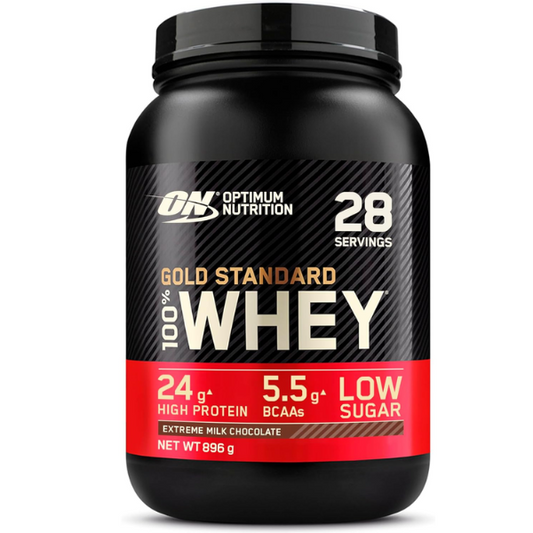 Optimum Nutrition Gold Standard 100% Whey Muscle Building and Recovery Protein Powder With Naturally Occurring Glutamine and BCAA Amino Acids, Extreme Milk Chocolate Flavour, 28 Servings, 896 g