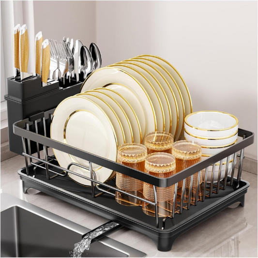 Dish Drainer Rack - Space Saving Dish Rack for Kitchen Counter, Kitchen Dish Drainer with Utensil Holder, Drain Board, Black