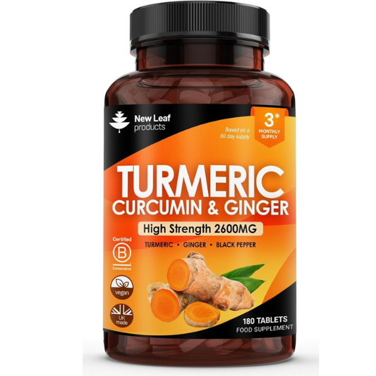 Turmeric Tablets 2600mg with Black Pepper & Ginger - 95% Curcumin Extract -180 Turmerics and Black Pepper Tablets (3 Months) High Strength Active Turmeric Supplements Not Capsules,by New Leaf