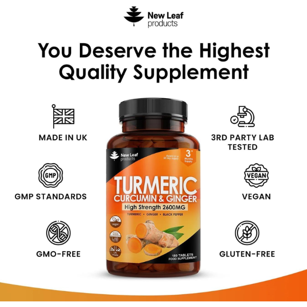 Turmeric Tablets 2600mg with Black Pepper & Ginger - 95% Curcumin Extract -180 Turmerics and Black Pepper Tablets (3 Months) High Strength Active Turmeric Supplements Not Capsules,by New Leaf