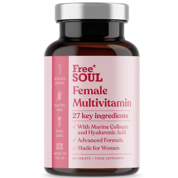 Women's Multivitamins & Minerals with Marine Collagen & Hyaluronic Acid | 27 Essential Vitamins, Minerals, & Botanicals | Gluten-Free & No Synthetic Fillers or Binders | 60 Tablets | Free Soul