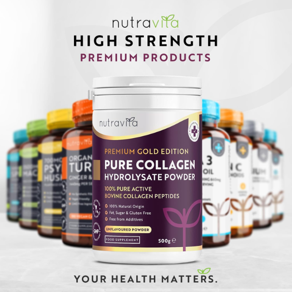 Collagen Powder 500g - Premium Gold Standard Bovine- 50 Servings - Collagen Peptides Supplement with 8 Essential Amino Acids - Made in The UK by Nutravita